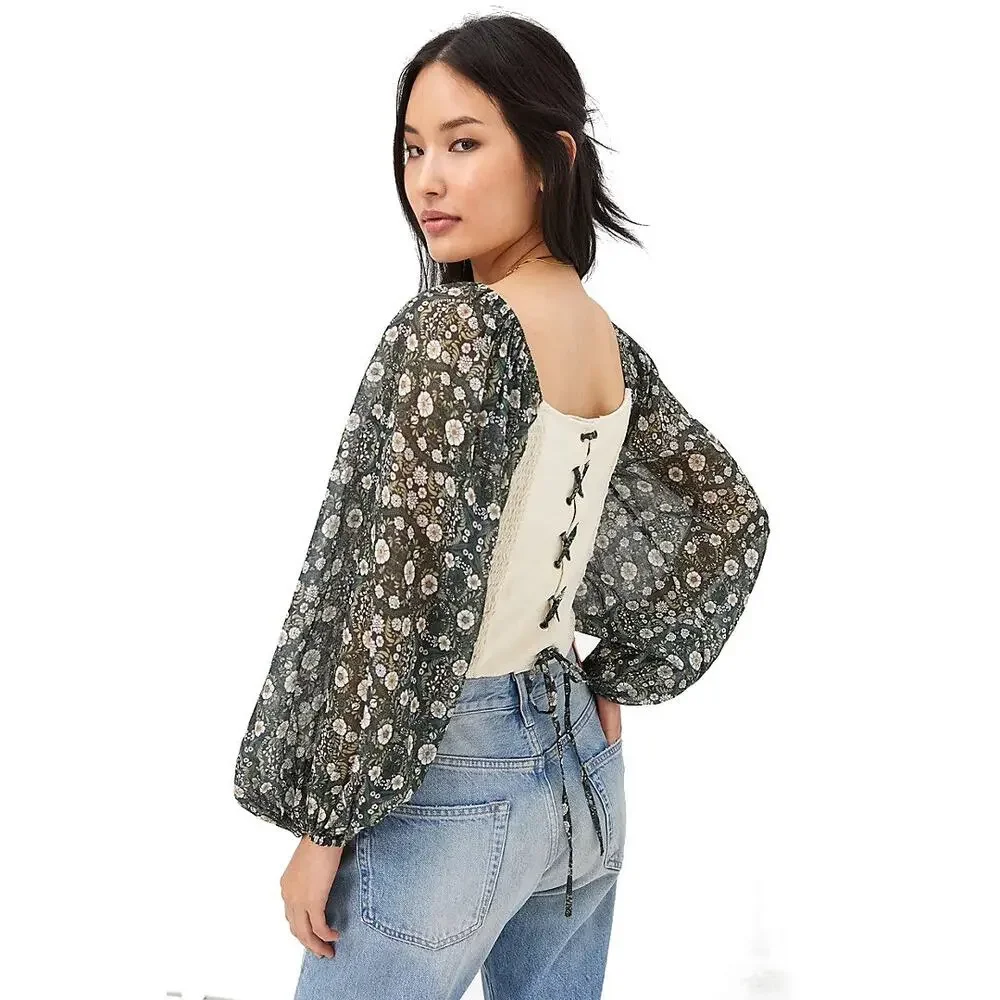 Anthropologie Top Cottagecore Smocked Coreset Lace Up Puff Sheer Floral Sleeves